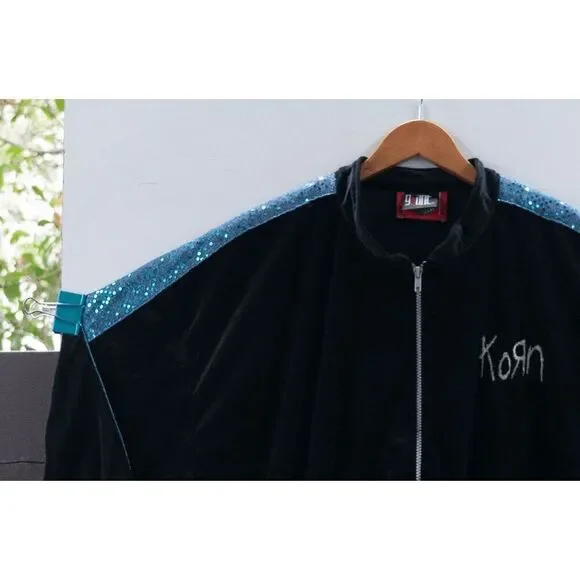 Vintage 90's KORN Track Jacket Black Blue Velour Sequin‎ Giant Size XL